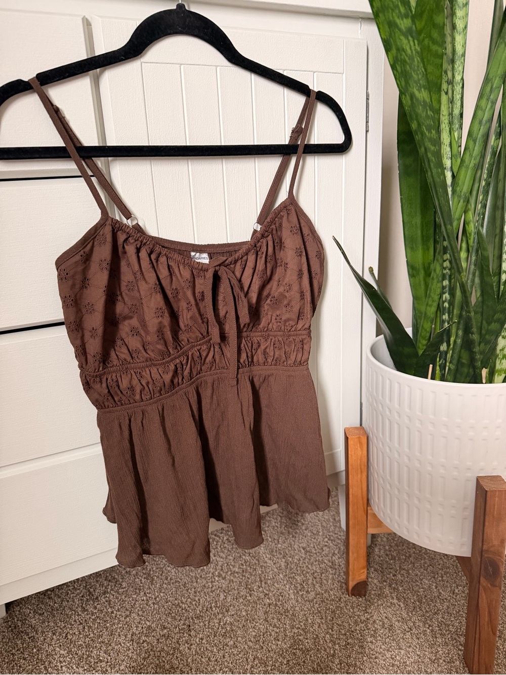 No Boundaries Brown Eyelet Peplum Cami with Adjustable Straps